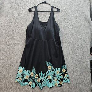 Swimsuits For All Black Blue Tropical Print Swim Dress With Adjustable Straps Si